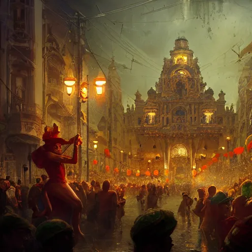 Image similar to carnaval de barranquilla, comprehensive art, thorough details, intricate, artstation, atmosphere, highly detailed, symmetrical, craig mullins, cinematic, digital painting, deviantart, cinematic lighting, 4 k