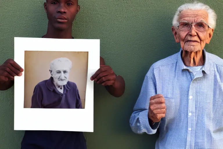 Image similar to young man holding a photograph of him as a old man