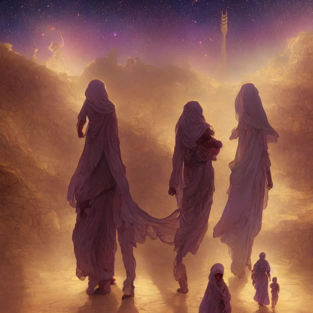 Image similar to bedouin man and woman and child in galaxy walking towards mosque surrounded by nebula, highly detailed, gold filigree, romantic storybook fantasy, soft cinematic lighting, award, disney concept art watercolor illustration by mandy jurgens and alphonse mucha and alena aenami, pastel color palette, featured on artstation