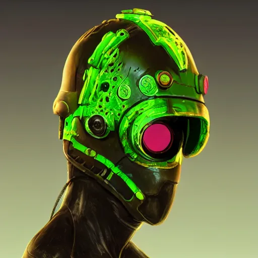 Image similar to helmet cyberpunk made of green lava and fire in borderlands 3 style, concept art character modeling, body made of green lava and fire, marvelous designer, z brush, maya, digital 3 d, 4 k, epic size, epic scale, ultra detailed digital art, furry art, macro art, deviantart, realistic