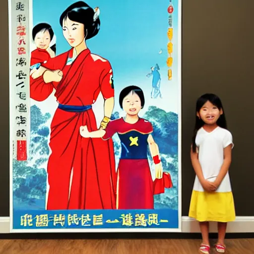 Prompt: Asian superhero mother with 2 little girls, asian propaganda poster on a wall, hd photo