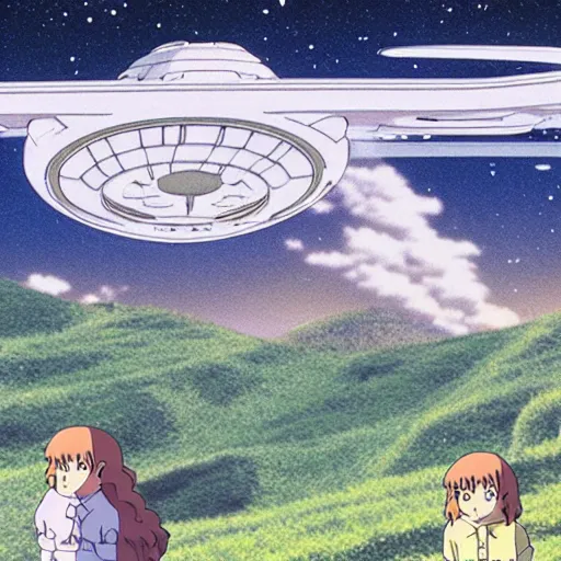 Image similar to starship enterprise in a ghibli film