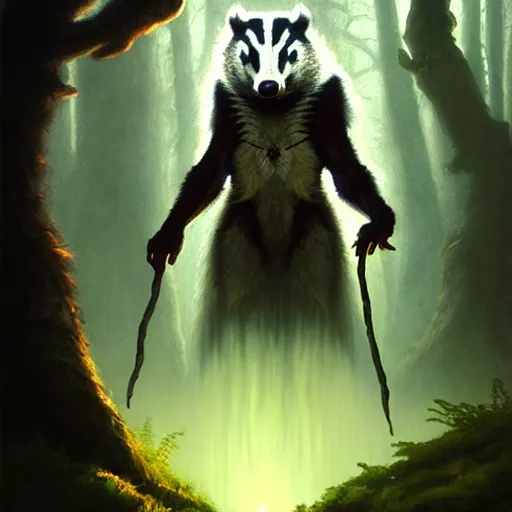 Prompt: Badger druid, forest, magic the gathering artwork, D&D, fantasy, cinematic lighting, centered, symmetrical, highly detailed, digital painting, artstation, concept art, smooth, sharp focus, illustration, volumetric lighting, epic Composition, 8k, art by Akihiko Yoshida and Greg Rutkowski and Craig Mullins, oil painting, cgsociety