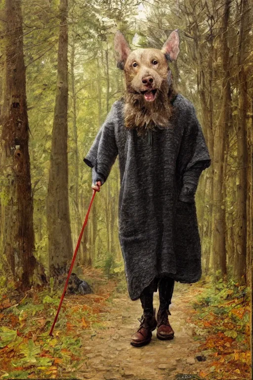 Image similar to by whimmy slavic dog head man, woolen torso in medieval clothes, walking in the forest, orthodox saint christopher, oil painting, painting by viktor vasnetsov, concept art, hyperrealism, beautiful, high resolution, trending on artstation,