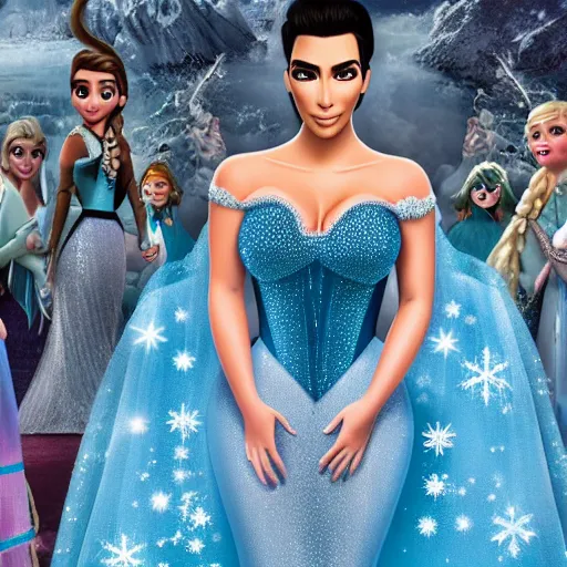 Image similar to kim kardashian as elsa in live action disney frozen, 8k resolution, full HD, cinematic lighting, award winning, anatomically correct