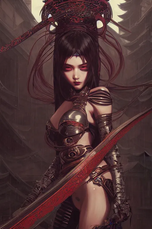 Prompt: portrait Ninja gaiden girl, ninja wardrobe, in ruin japanese rainny temple night, ssci-fi and fantasy, intricate and very very beautiful and elegant, highly detailed, digital painting, artstation, concept art, smooth and sharp focus, illustration, art by tian zi and WLOP and alphonse mucha