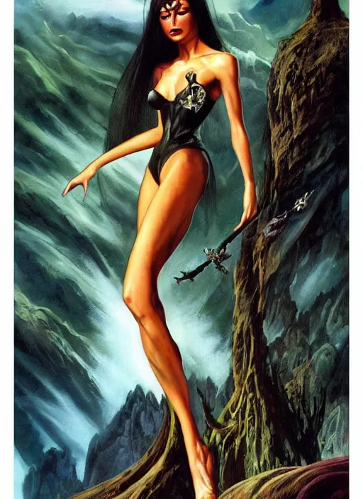 Image similar to slender sylph queen, above the clouds, black iron crown, diamond shimmering dress, strong line, deep color, forest, beautiful! coherent! by boris vallejo, by frank frazetta