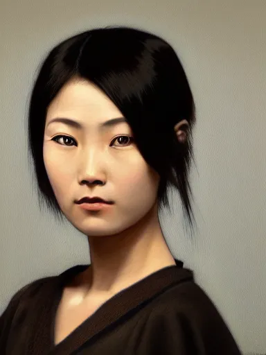 Prompt: portrait of an asian woman wearing a dark shirt, upper body 2d game avatar, default pose neutral expression, face-on, close-up, eye-contact, Donato Giancola, chiaroscuro lighting, vibrant expressive colours, shape language, Alphonse Mucha/Gustav Klimt style, alpha masked transparent flat grey background, 4k, volumetric lighting, French Nouveau, trending on artstation, octane render, hyperrealistic