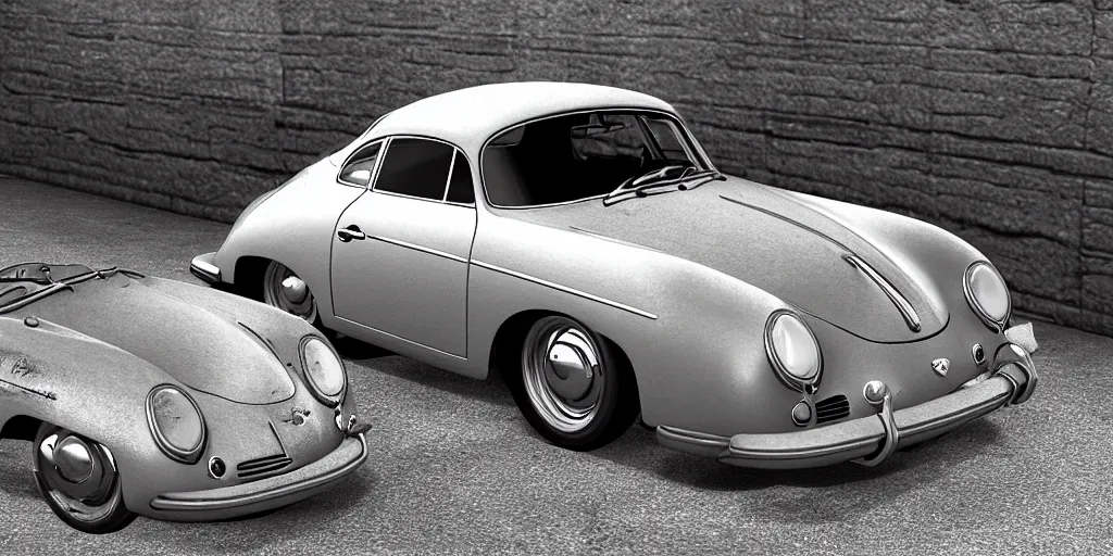 Prompt: abadoned silver porsche 356 roadster, roof up, red interior, white background, unreal engine
