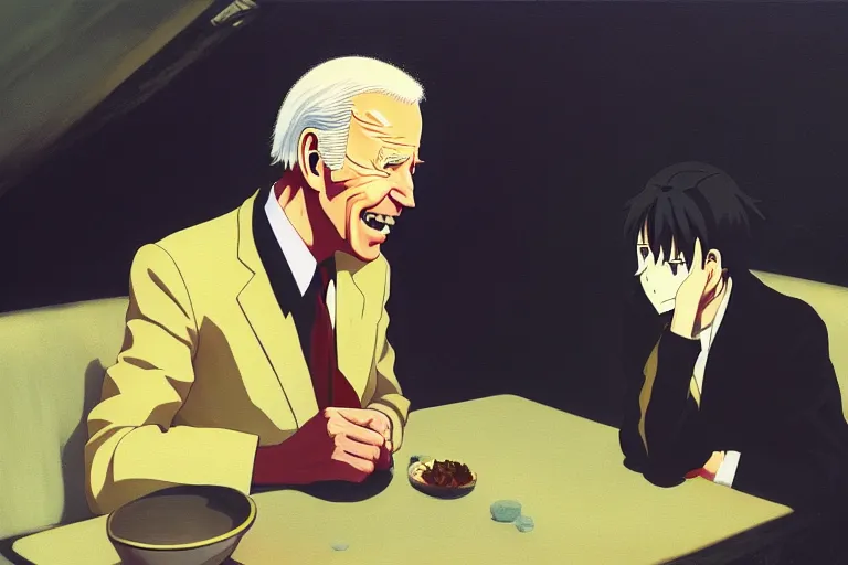 Prompt: anime key visual of joe biden eating all of the carbon credits, style of jamie wyeth james gilleard edward hopper greg rutkowski acrylic painting, preserved museum piece, historical