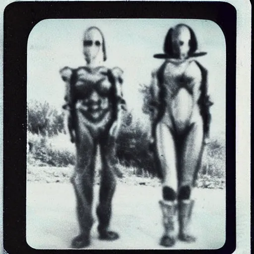 Image similar to polaroid photograph of horrorific extraterrestrial beings visiting earth, 1 9 5 0