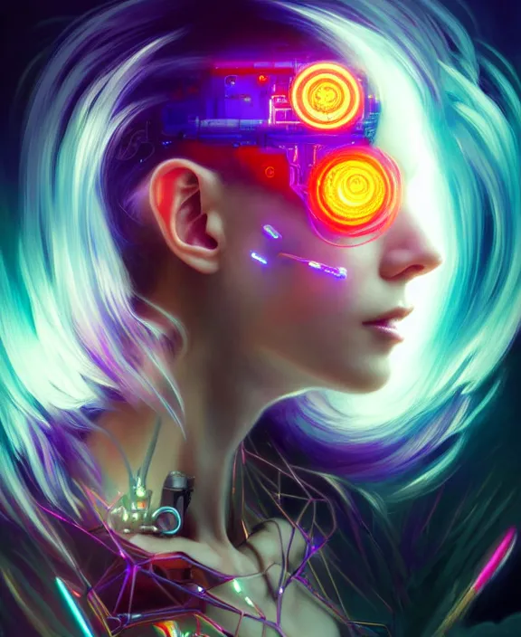 Image similar to a whirlwind of souls rushing inside the metaverse, hologram, half body, neurochip, shaved temple, piercing, jewelry, android, cyborg, cyberpunk face, by loish, d & d, fantasy, intricate, elegant, highly detailed, colorful, digital painting, artstation, concept art, art by artgerm and greg rutkowski and alphonse mucha