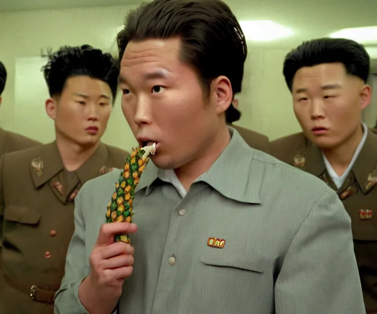 Image similar to hyperralism pineapple express ( 2 0 0 8 ) movie still photography of realistic detailed north korean kim chen with detailed face smoking reviewing detailed weed bush in detailed basement bedroom ultra violet light