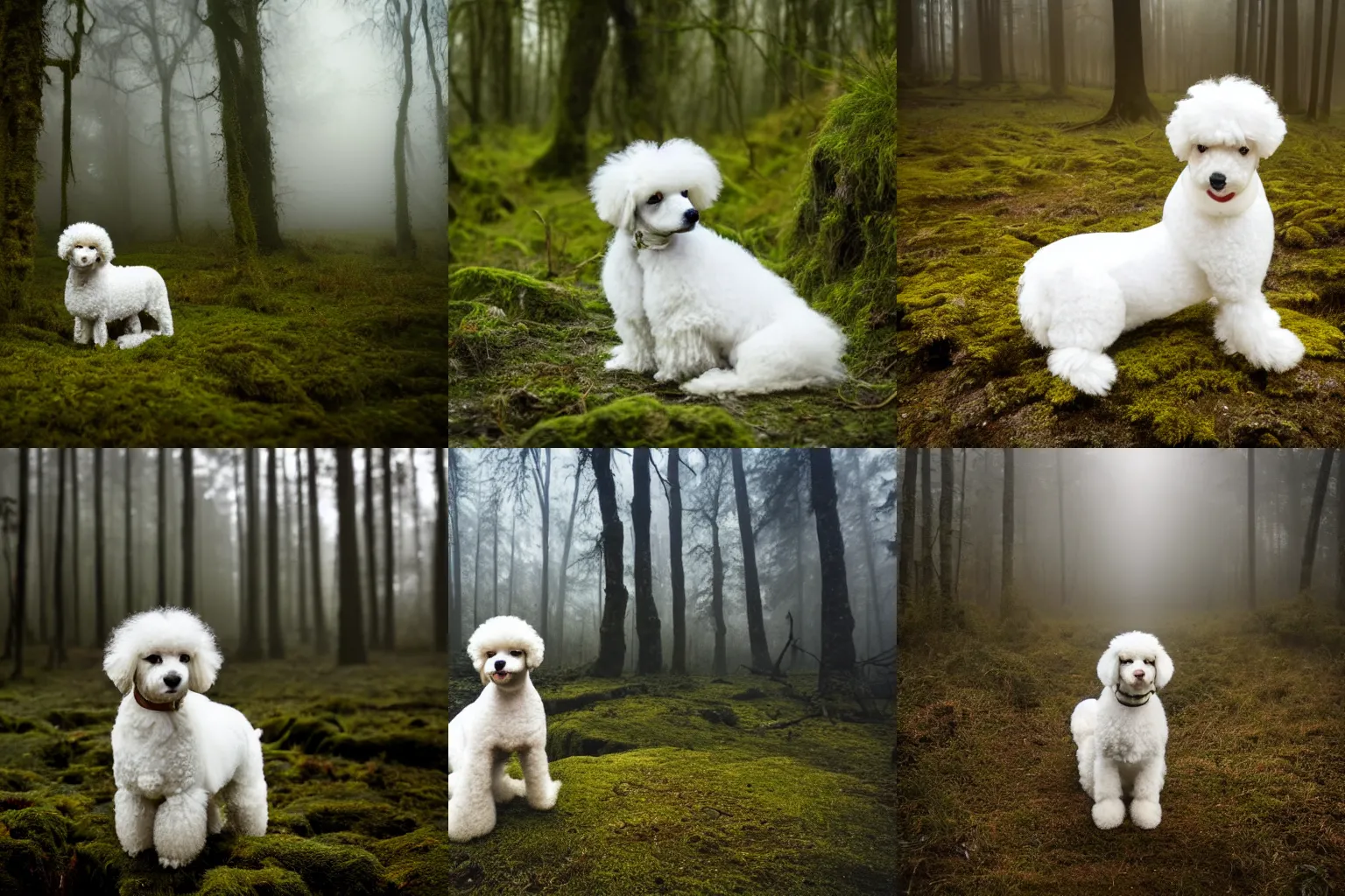 Prompt: high detail photo of a small abandoned white poodle sitting alone in the mossy foggy forest at night, bright moonlight, wide angle photography, desolate, atmospheric, hazy, 8k