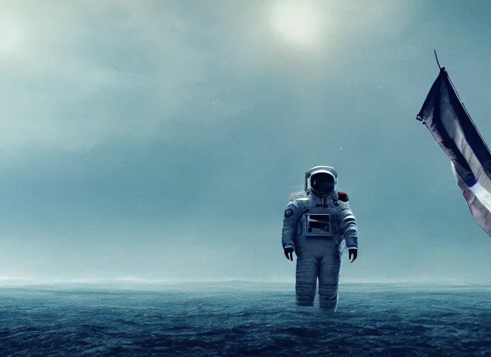 Image similar to astronaut holding a flag in an underwater desert. a submarine is visible in the distance. dark, concept art, cinematic, dramatic, atmospheric, 8 k, trending on artstation, blue, fish, low visibility, fog, ocean floor, christopher nolan, interstellar