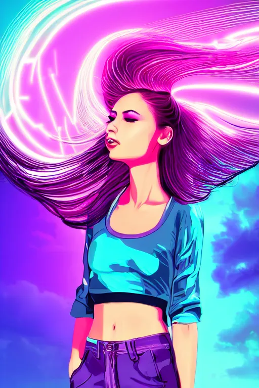 Image similar to a award winning half body portrait of a beautiful woman in a croptop and cargo pants with ombre purple pink teal hairstyle with head in motion and hair flying, surrounded by whirling illuminated lines, outrun, vaporware, shaded flat illustration, digital art, trending on artstation, highly detailed, fine detail, intricate