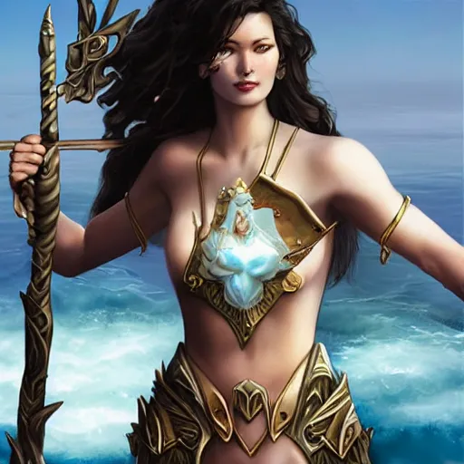 Image similar to fantasy woman with armor emerging from the sea holding a staff made with mother-of-pearl, by Artgerm