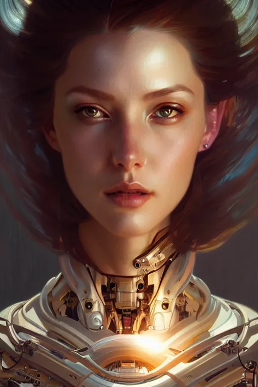 Image similar to beautiful female mechanical android!, half portrait, intricate detailed environment, photorealistic!, intricate, elegant, highly detailed, digital painting, artstation, smooth, sharp focus, art by artgerm and greg rutkowski and alphonse mucha