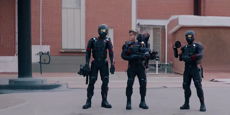 Image similar to still frame from a movie, medium shot of an anxious tom holland in a swat suit on the left, urban, rule of third, alexa 65, cooke prime 50mm, cinematic, film grain, flare