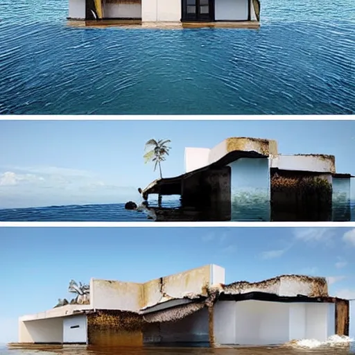 Image similar to a house half submerged in the ocean.