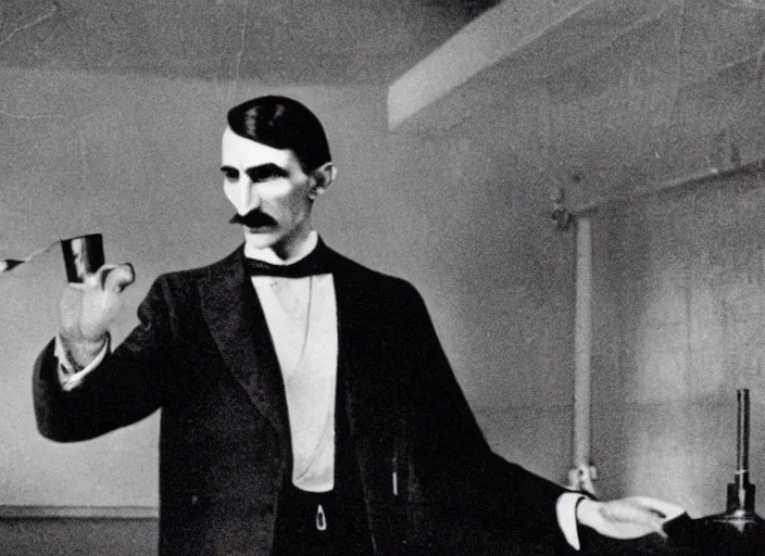 Prompt: Nikola Tesla In an Electric room shocked to the eyes commanding electric current with his hands, award winning Hollywood movie