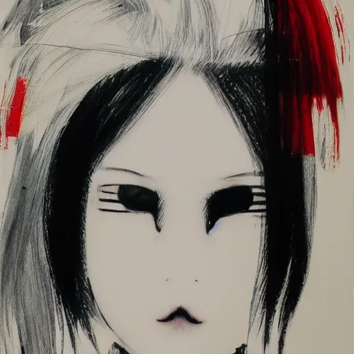 Prompt: Realistic illustration of an anime girl with short white hair and black eyes wearing tuxedo in the style of Yoshitaka Amano, abstract black and white background with lines, film grain effect, highly detailed, Renaissance oil painting