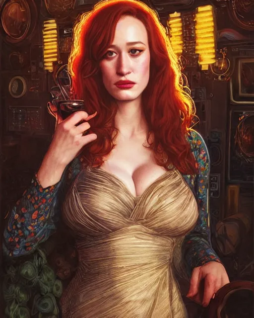 Image similar to sophisticated portrait of christina hendricks brie larson kat dennings, 1 9 8 0 s flower power hippy, very smoky cyberpunk paris bar, elegance, highly detailed, shallow depth of field, artstation, artgerm, donato giancola and joseph christian leyendecker