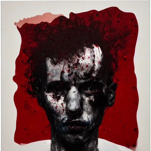 Image similar to matte portrait of a depressed young man covered in blood, by Antony Micallef, minimalist cubism