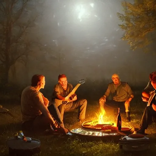 Prompt: group of 3 man chating,drinking beer and cook barbeq, while one play guitar by Greg Rutkowski, Thomas Kincade detailed 8k cinematic, fog, night, 8k, very detail, sharp