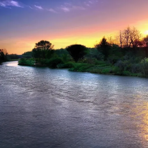 Image similar to beutiful river scenery, alongside small house,with beutiful sunset