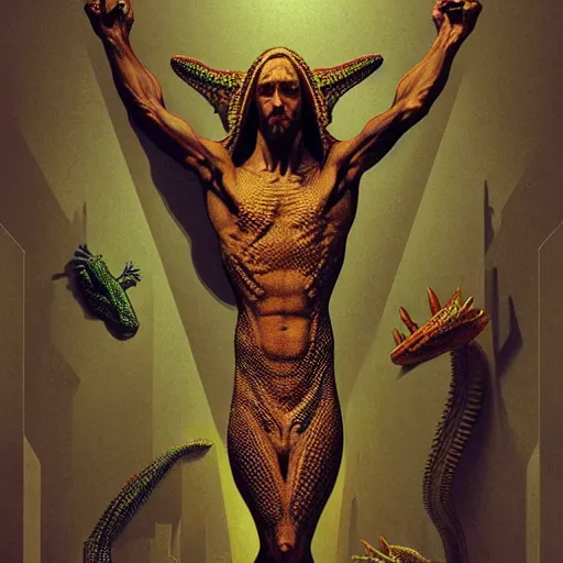 Prompt: fullbody!! dynamic action pose, jesus christ as a scaly cold blooded reptilian lizard crucified, intricate, lizard head, lizard head, humorous, holy cross, religious, absurd, highly detailed, digital painting, artstation, concept art, smooth, sharp focus, illustration, art by artgerm and greg rutkowski and alphonse mucha