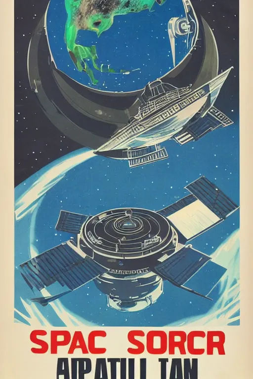 Prompt: poster of huge space station over earth, 1 9 5 0 s style, futuristic design, dark, symmetrical, washed out color, centered, art deco, 1 9 5 0's futuristic, glowing highlights, intense