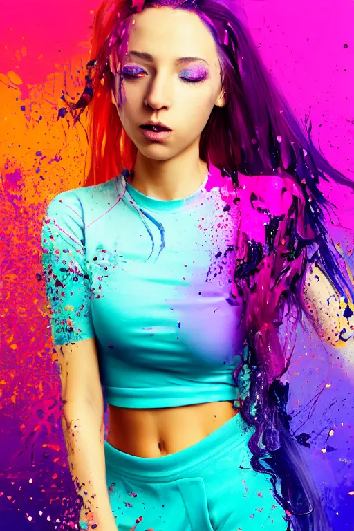 Image similar to a award winning half body porttrait of a beautiful woman in a croptop and cargo pants with ombre purple pink teal hairstyle with head in motion and hair flying, paint splashes, splatter, outrun, vaporware, shaded flat illustration, digital art, trending on artstation, highly detailed, fine detail, intricate