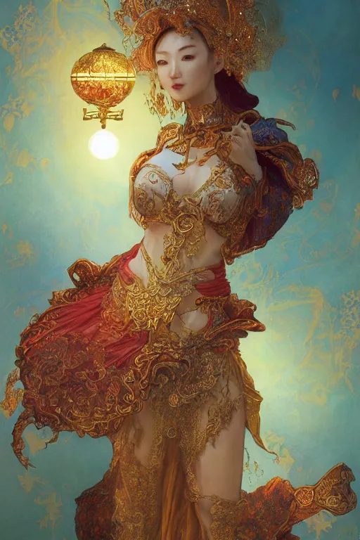 Image similar to tarot card artstation, portrait of an asian love dancer, sunrise, baroque ornamnet and rococo ornament, ancient chinese ornate, hyperdetailed, beautiful lighting, craig mullins, mucha, klimt, yoshitaka amano, red and gold and orange color palatte