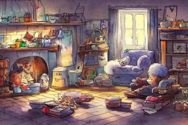 Image similar to pixar concept art by Daisuke Tsutsumi, watercolor, cute fluffy badgers washing dishes, underground in a hovel, fish eye lens,kitchen table, comfy chairs, cosy fireplace, clutter everywhere, stack of books on side table, rug on floor by fireplace, family framed on the wall, cosy