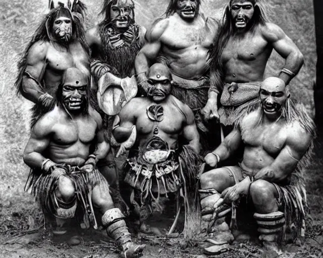 Prompt: group vintage photograph of a real fantasy warrior orc tribe, tall, muscular, sharp fangs and tusks, big arms, big hands, big feet, armored, tribal paint, highly detailed