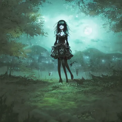 Image similar to goth woman in a moonlight view, in a forest, a river, tankoban, 4 k, tone mapping, akihiko yoshida, james jean andrei riabovitchev marc simonetti, yoshitaka amano, long hair, curly, h. hydrochaeri