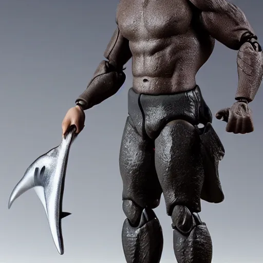 Prompt: action figure of a shark man, realistic, high detail,