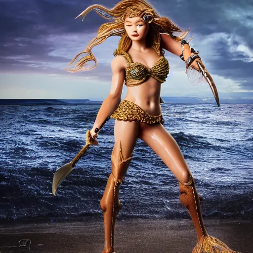 Image similar to photo of gigi hadid as a mermaid warrior, very detailed, full body shot, 50mm dslr, f/5.6