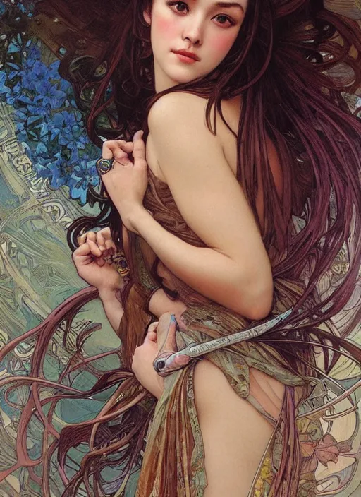 Prompt: realistic detailed painting of Liza Soberano by Alphonse Mucha, Ayami Kojima, Amano, Charlie Bowater, Karol Bak, Greg Hildebrandt, Jean Delville, and Donato Giancola, Art Nouveau, Neo-Gothic, gothic, rich deep colors