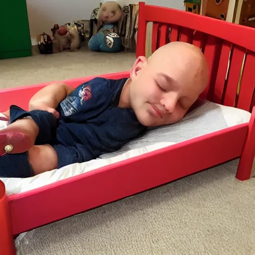 Image similar to kratos sleeping in kid sized bed