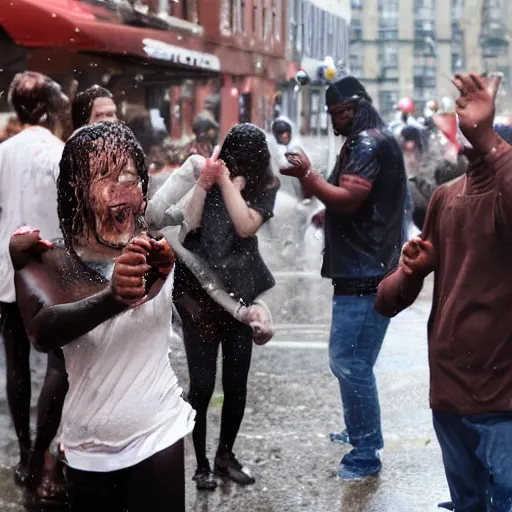 Prompt: people on street get wet of chocolate liquid rain