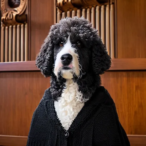 Image similar to a closeup photorealistic photograph of a cute smiling knitted bernedoodle judge dog dressed in a black gown, presiding over the courthouse. indoors, professional capture, well lit shot. this 4 k hd image is trending on artstation, featured on behance, well - rendered, extra crisp, features intricate detail, epic composition and the style of unreal engine.