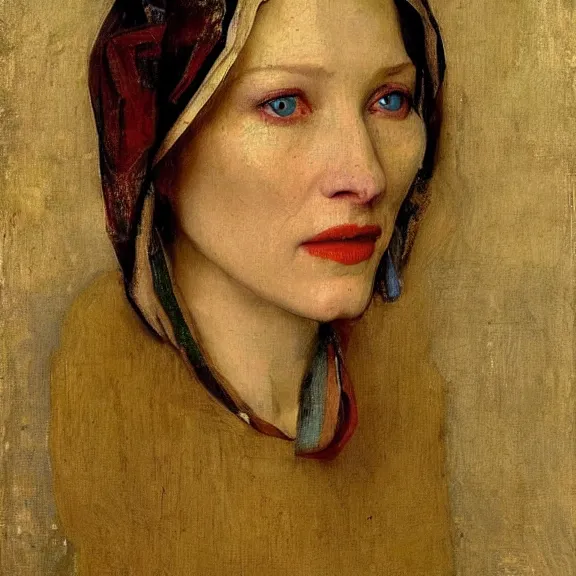 Image similar to cate blanchett by Annie Swynnerton and Nicholas Roerich and Vermeer, strong dramatic cinematic lighting , ornate headdress , lost civilizations, smooth, sharp focus, extremely detailed