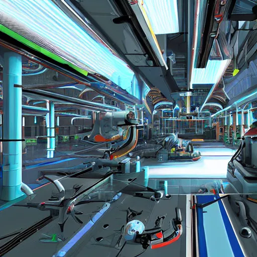 Image similar to robot factory, futuristic, mirror's edge, highly detailed, cold colors