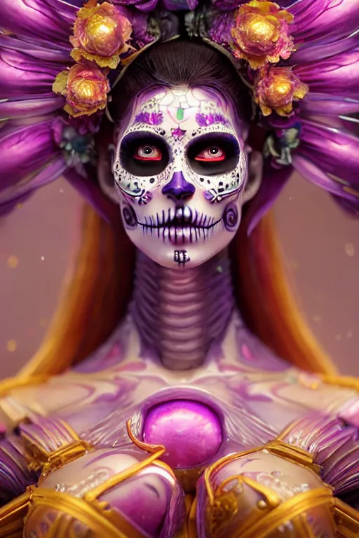 Image similar to ultra detailed, ethereal closeup photo of female android deity, sharp focus, no blur, studio photo, floodlight. fantasy art, octane render, unreal engine. dia de los muertos, flowerpunk. photorealistic concept art, triadic color scheme. art by artgerm and wlop and giger and greg rutkowski and alphonse mucha, 8 k