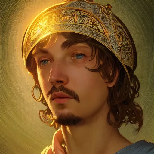 Prompt: portrait of a medieval peasant with a divine halo looking above, in a field, intricate, headshot, highly detailed, digital painting, artstation, concept art, sharp focus, cinematic lighting, illustration, art by artgerm and greg rutkowski, alphonse mucha, cgsociety