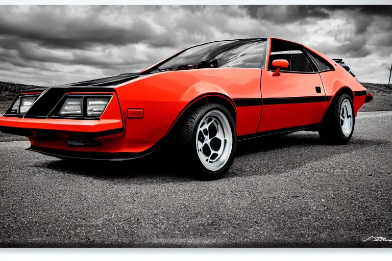 Image similar to stylized poster of a single 1979 AMC AMX/3 with elements of the BMW M1, (Sony a7R IV, symmetric balance, polarizing filter, Photolab, Lightroom, 4K, Dolby Vision, Photography Award)