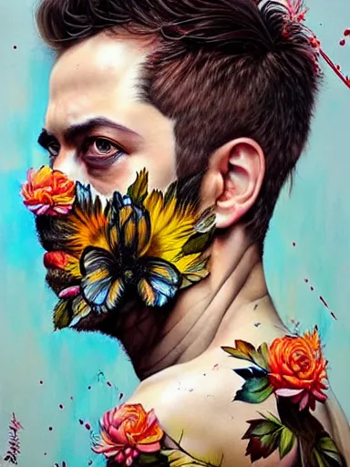 Image similar to portrait of a man, with a floral background painted by artgerm, karol bak, artur bordalo, sandra chevrier : : portrait, character, illustration, hyperrealism