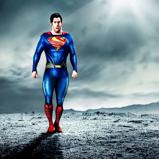 Image similar to lionel messi as superman in man of steel, 8 k resolution, cinematic lighting, anatomically correct